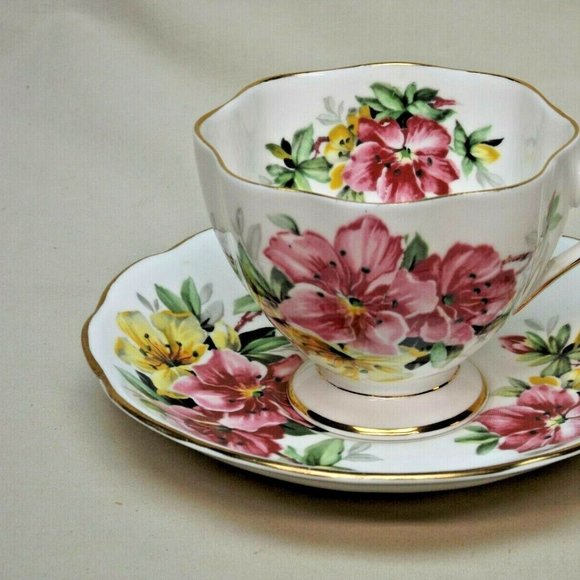 Queen Anne Fine Bone China England Pink & Yellow Azalea Footed Tea Cup & Saucer - Picture 2 of 14